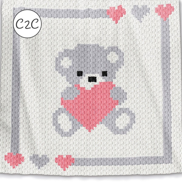 Couverture au crochet C2C, motif écrit rangée par rangée, coeur doux, bébé ours avec coeur, cadeau de baby shower afghan, anniversaire nouveau-né