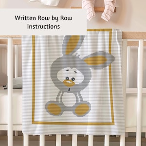 Crochet Baby Blanket Pattern Written Row by Row Bunny Afghan Graph - Rabbit Throw Gift for Baby Shower, Newborn Nursery Throw Chart