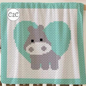 C2C gehaakt dekenpatroon geschreven rij voor rij Love Hippo Afghaanse baby shower cadeau verjaardag pasgeboren kinderkamer gooien voor jongen, meisje dierenkaart