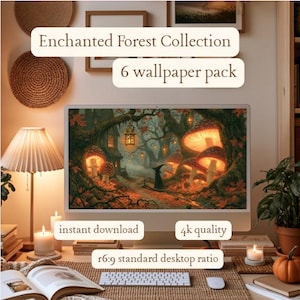 May include: A computer monitor displaying the Enchanted Forest Collection 6 wallpaper pack. The screen shows a digital illustration of a glowing mushroom forest with a figure in a cloak, lanterns, and trees. Text includes instant download, 4k quality, and 16:9 standard desktop ratio.