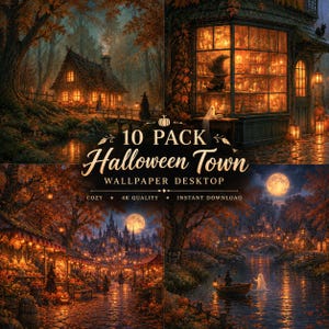 Może przedstawiać: Cyfrowa kolekcja 10 tapet na pulpit Halloween Town przedstawiająca jesienne krajobrazy, świecące domki, sklep z eliksirami, nocny targ i scenę rzeczną z duchami, utrzymana w ciepłych pomarańczowych i niebieskich odcieniach z tekstem.