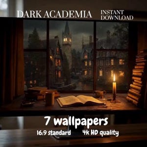 May include: A digital wallpaper set titled DARK ACADEMIA INSTANT DOWNLOAD featuring an open book, a lit candle, and a stack of books on a wooden desk in front of a window overlooking a dark, multi-story stone building at night. 7 wallpapers 16:9 standard 4k HD quality.