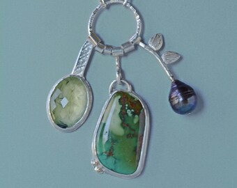 Turquoise Multi Stone Necklace in Silver, Green Turquoise Charm Style Necklace, Long Multi stone Necklace, Green Statement Necklace for Her