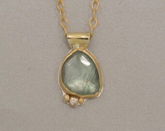 Aquamarine and Diamond Pendant in 18K Gold and Sterling Silver, Rose Cut Moss Color Natural Aquamarine, March Birthstone