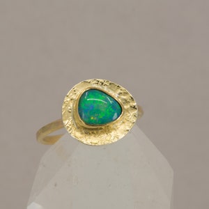 Australian Opal Ring in Gold, Green Flash Opal, Textured Gold Ring,  Size 7.5 Opal Ring