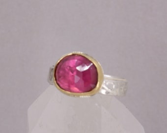 Pink Tourmaline Ring in Gold and Sterling Silver, Hot Pink Tourmaline mixed metal ring, October Birthstone