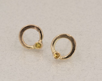 Yellow Sapphire in Gold, Hoop Stud Earrings, September Birthstone, One of a Kind Contemporary Earrings