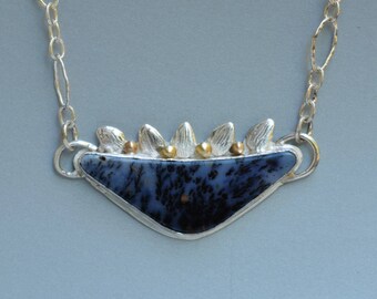 Dendritic Agate Necklace in Silver and Gold, Black and Grey Pendant, Botanical Pendant in Sterling and Gold, Stone Pendant with Leafs