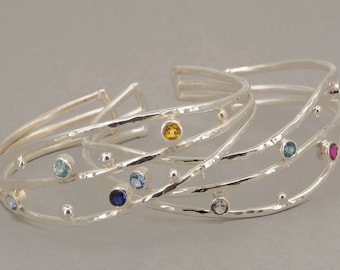 Birthstone Cuff Bracelet in Sterling Silver with Multi Stones, Personalized Cuff, Made to Order