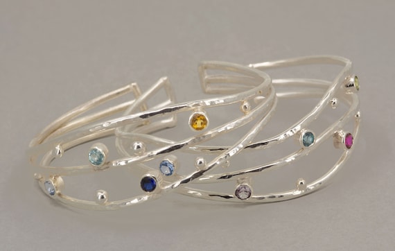 Birthstone Cuff Bracelet in Sterling Silver with Multi Stones, Personalized Cuff, Made to Order