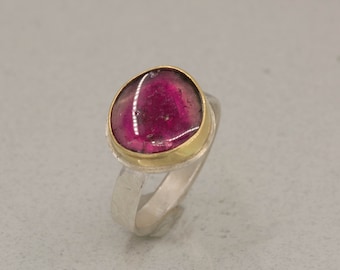 Watermelon Tourmaline Slice Ring, Gold and Silver Tourmaline Statement Ring, Mixed Metal, Size 7.5, OOAK Ring