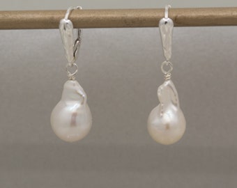 Baroque Pearl Earrings Sterling Silver,  Large White Pearl Earrings, June Birthstone