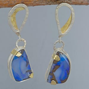 Australian Opal Dangle Earrings in Silver and Gold, Blue Natural Boulder Opal Dangle Earrings on Post, OOAK