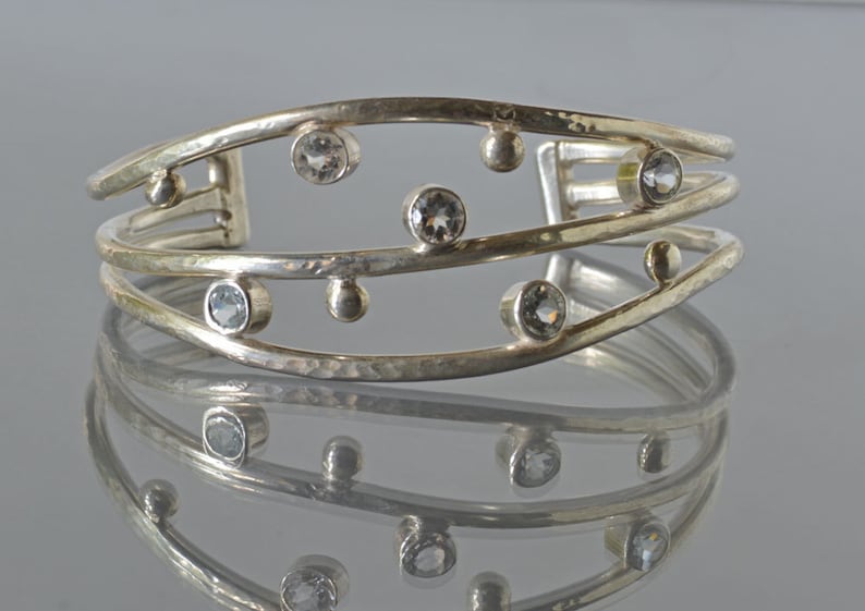 Bold Hammered Silver and Stone Cuff Bracelet Textured Metal Cuff Bracelet Silver Cuff Bracelet with Topaz