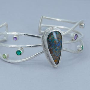 Boulder Opal Cuff Bracelet in Silver- Multi Stone Cuff Bracelet-Statement Cuff, OOAK