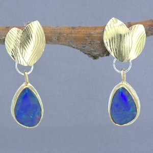 Australian Opal Dangle Earrings with Gold Leaves, Blue Boulder Opal Earrings, October Birthstone
