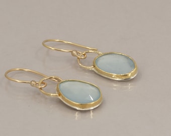 Aquamarine Dangle Earrings in Gold, Natural Rose Cut Aquamarine, March Birthstone