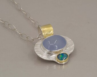 Blue Chalcedony and Opal Pendant in Silver and 18K Gold with textured metal , Statement Necklace , One of a Kind
