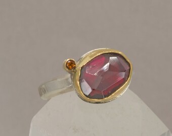 Garnet and Sapphire Ring, Rose Cut Garnet set in 18K Yellow Gold with Silver band, US Size 9.5