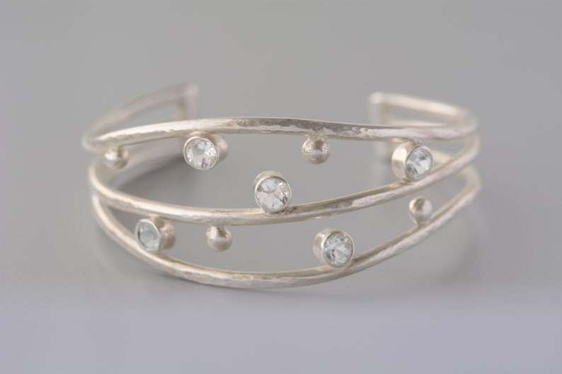 Bold Hammered Silver and Stone Cuff Bracelet Textured Metal Cuff Bracelet Silver Cuff Bracelet with Topaz