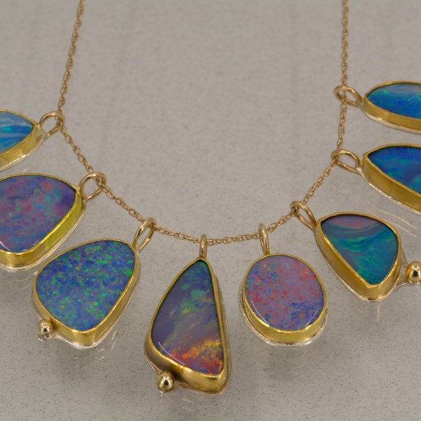 Australian Opal Pendants in Gold, Blue and Green Flashy Opals set in 22K gold and backed in sterling silver, OOAK