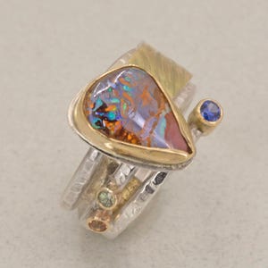 Boulder Opal Ring In Gold and Silver, Textured Metal Ring, US Size 8 and 8.5