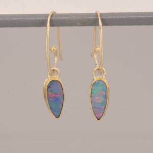 Australian Opal Earrings in Gold, Pastel Color Boulder Opal Dangle Earrings, October Birthstone