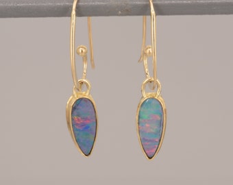 Australian Opal Earrings in Gold, Pastel Color Boulder Opal Dangle Earrings, October Birthstone