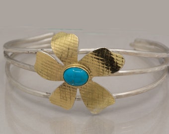 Turquoise Cuff in Gold and Sterling, Floral Cuff with Sleeping Beauty Turquoise, June Birthstone