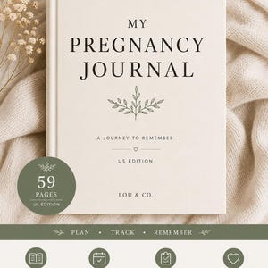 Peut inclure: Un journal de grossesse à couverture rigide couleur crème avec le texte My Pregnancy Journal, A Journey to Remember et US Edition. La couverture présente une petite illustration de feuille et la marque Lou & Co. Il contient 59 pages.