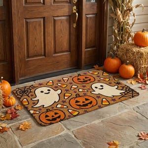Peut inclure: Un paillasson rectangulaire en fibre de coco avec un motif répétitif de fantômes blancs souriants, de citrouilles d'Halloween orange et de bonbons en forme de maïs, sur un fond beige naturel, agrémenté de toiles d'araignées noires.