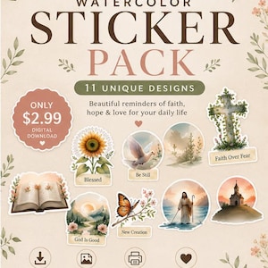 Puede incluir: Un paquete de pegatinas digitales con 11 diseños en acuarela con imágenes de temática religiosa que incluyen un girasol, una paloma, una cruz, un libro abierto, una mariposa y paisajes. El texto incluye Faith & Hope, Blessed, Be Still, Faith Over Fear, God Is Good y New Creation.