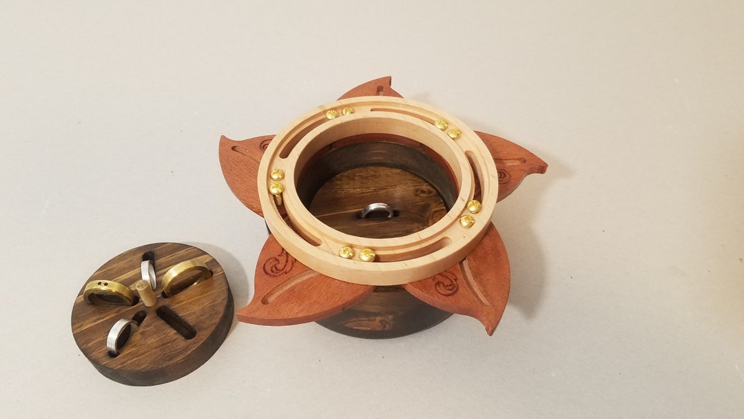 Iris Ring Box, Mechanical Opening Small Round Wooden Jewelry Box With