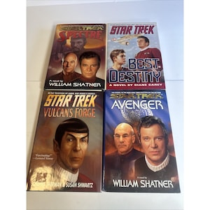 May include: A collection of four Star Trek paperback novels arranged in a grid. The books are titled Spectre by William Shatner, Best Destiny by Diane Carey, Vulcan's Forge by Josepha Sherman and Susan Shwartz, and Avenger by William Shatner.