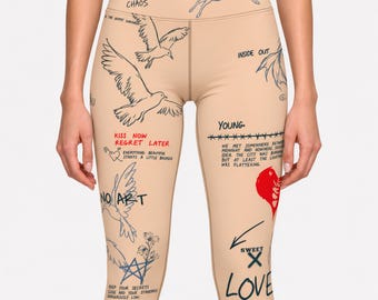 Leggings con estampado de tatuajes, pájaros dibujados a mano, peces koi y arte graffiti, pantalones de yoga gráficos