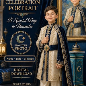 May include: A digital portrait service advertisement featuring a child in a cream and navy blue sherwani with gold embroidery and a cape. Text includes CUSTOM CELEBRATION PORTRAIT, A Special Day to Remember, FROM YOUR PHOTO, Name, Date, Message, DIGITAL DOWNLOAD, and ELSYRA STUDIO.