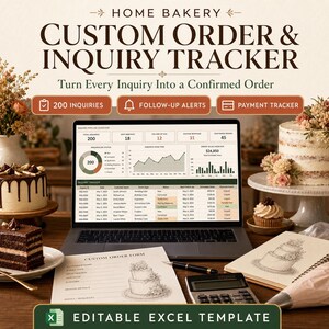 May include: A digital custom order and inquiry tracker template for home bakeries displayed on a laptop screen. The interface shows inquiry pipelines, status charts, and a payment tracker. Includes a printed order form, calculator, and pen.