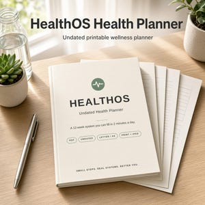 May include: A cream-coloured HealthOS undated health planner with a green circular heartbeat icon. The cover text reads: HEALTHOS, Undated Health Planner, A 12-week system you can fill in 2 minutes a day, PDF, UNDATED, LETTER / A4, PRINT + IPAD, SMALL STEPS. REAL SYSTEMS. BETTER YOU.