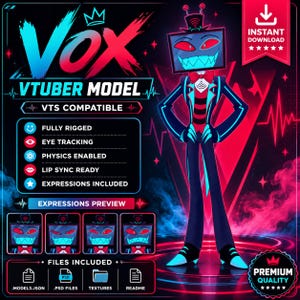 May include: A digital character illustration of a television-headed figure with red eyes and a wide grin, wearing a dark suit with blue accents and a red bowtie. The graphic includes text labels like Vox VTUBER MODEL, VTS COMPATIBLE, and file icons.