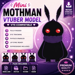 Pode incluir: Um gráfico digital apresentando um modelo VTuber Mothman preto com olhos vermelhos e pelo roxo. O texto diz Mini Mothman VTuber Model, VTS Compatible, Fully Rigged, Eye Tracking, Physics Enabled, Lip Sync Ready e Expressions Included.