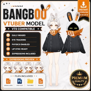 May include: A digital character asset titled BANGBOO VTUBER MODEL featuring two versions of a character with white hair, orange eyes, and a black hoodie with an orange scarf marked 01. Includes VTS compatibility, rigging, and expression previews.