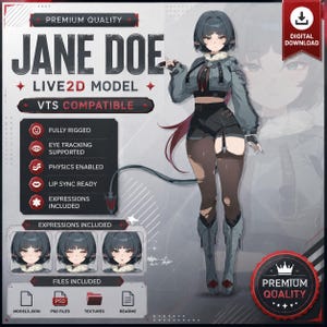 Puede incluir: Una descarga digital que presenta un modelo Live2D de Jane Doe con compatibilidad VTS. El personaje tiene cabello corto oscuro, una chaqueta corta gris con borde de piel, pantalones cortos negros y botas altas. Incluye rigging y expresiones.