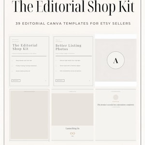 May include: A digital product display titled The Editorial Shop Kit, featuring 39 editorial Canva templates for Etsy sellers. The layout includes six distinct rectangular panels with text, a circular icon with the letter A, and a five-star review graphic.