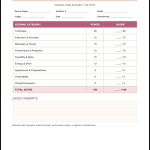 May include: A dance team audition score sheet with a pink header and table. It includes fields for dancer name, audition number, grade, judge, date, and team. The table lists scoring categories like technique, execution, and performance with point values.