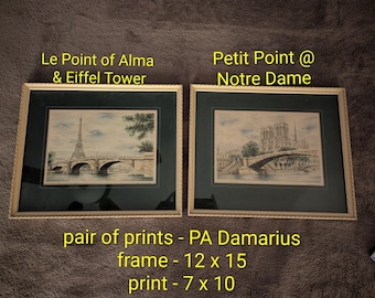 Pair Vintage PA Damarius Paris Art Prints Eiffel Tower Pont de Alma Notre Dame