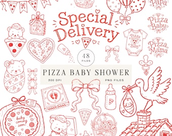 Pizza Baby Shower Clipart, Special Delivery Pizza Stork PNG, Line Art Doodles, Gender Neutral Invite Art, Commercial Use