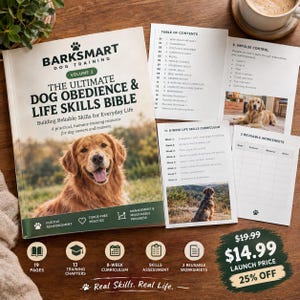 以下が含まれることがあります： ゴールデンレトリバーが表紙に描かれたBarksmartドッグトレーニングブック「The Ultimate Dog Obedience & Life Skills Bible Volume 3」。目次、カリキュラムページ、トレーニング情報が記載されたワークシートが付属しています。