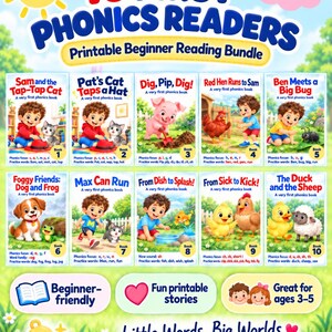 May include: A digital bundle of 10 first phonics readers for ages 3-5, featuring colourful illustrations of children and animals. Each book cover displays a unique title, phonics focus, and practice words. The Winklebell brand logo is at the bottom.