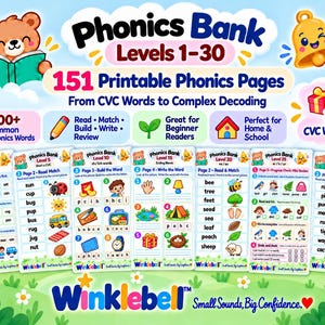 Puede incluir: Una colección de 151 páginas de fonética imprimibles tituladas Phonics Bank Levels 1-30, que presenta un oso de dibujos animados, una campana y varias hojas de trabajo educativas con palabras CVC, ejercicios de decodificación y el logo de Winklebell.