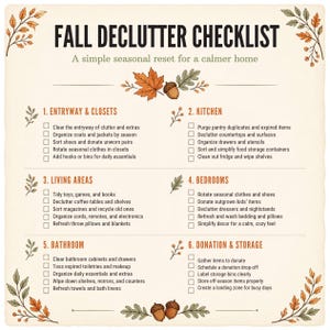 May include: A Fall Declutter Checklist printed on cream paper with autumn leaf and acorn illustrations. The text includes six categories: Entryway & Closets, Kitchen, Living Areas, Bedrooms, Bathroom, and Donation & Storage, each with checkboxes.